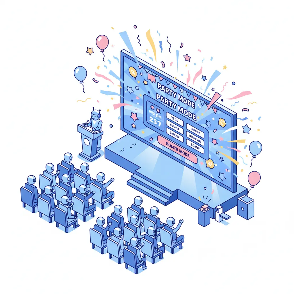 公司尾牙抽獎現場使用派對模式，大螢幕投影展示抽獎特效